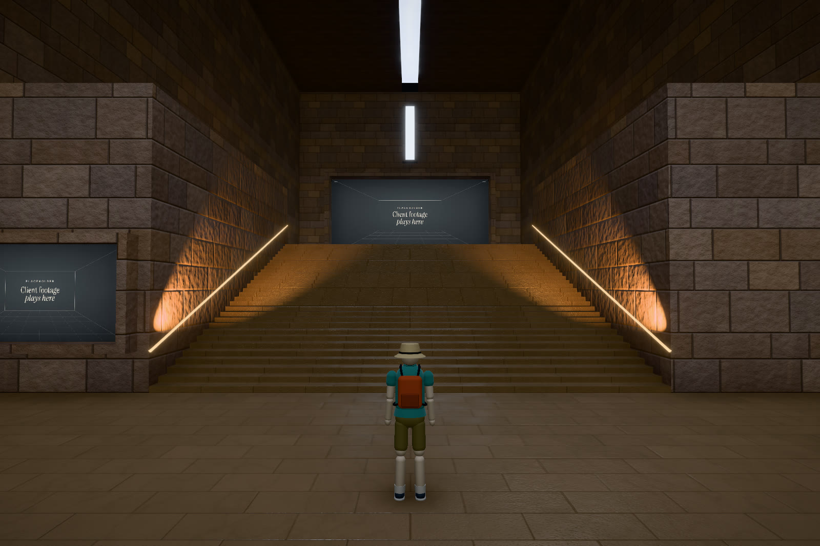 Gergeti room: a long stone stair between ravine walls, with light lines along the handrails, rising to a screen that shows the placeholder.