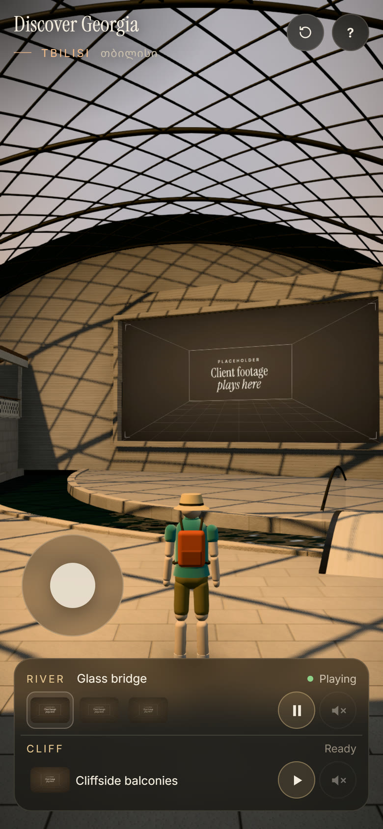 The prototype at phone width: a room with the placeholder screen, a touch stick at the lower left and the clip dock along the bottom.