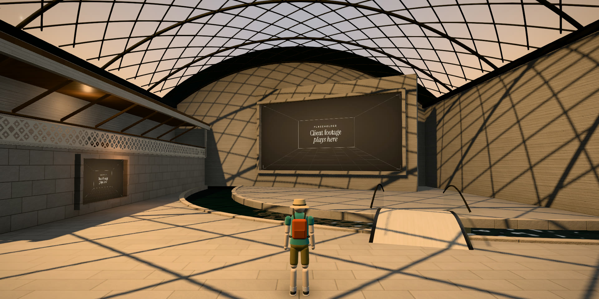 Tbilisi room: a steel-and-glass diagrid vault at dusk over a water channel, with a screen showing the placeholder.